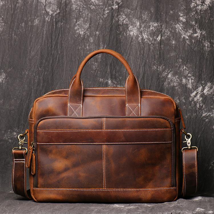 Brown Leather Men 14 inches Vintage Briefcase Handbag Dark Coffee Laptop Handbag Side Bag For Men