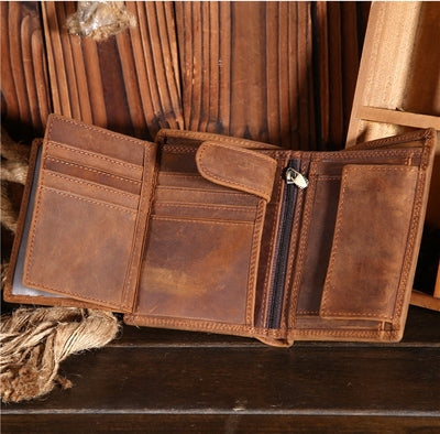 Coffee Leather Men Trifold Wallet Leather Vertical Trifold Wallet with Coin Pocket For Men