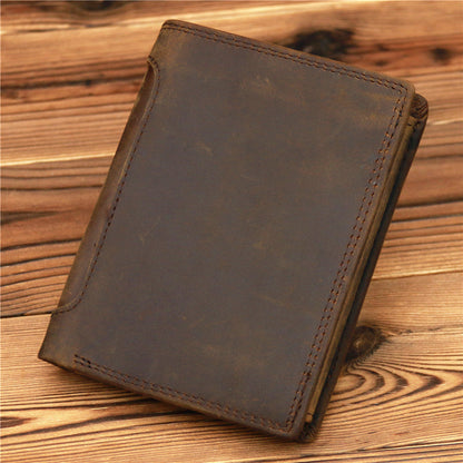 Coffee Leather Men Trifold Wallet Leather Vertical Trifold Wallet with Coin Pocket For Men