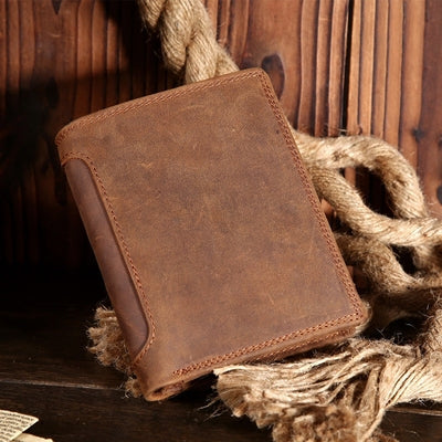 Brown Leather Men Trifold Wallet Leather Vertical Trifold Wallet with Coin Pocket For Men