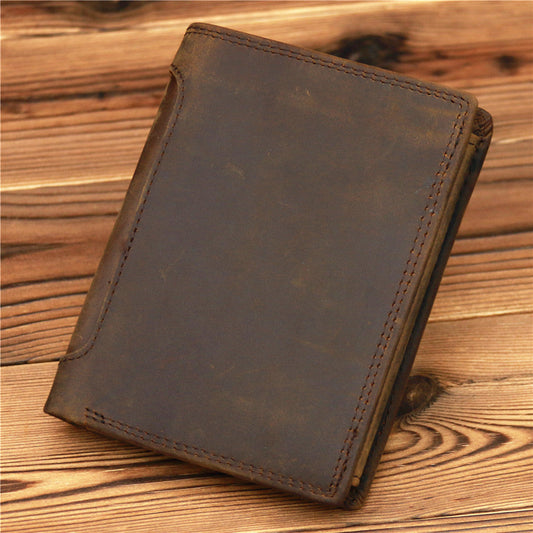 Coffee Leather Men Trifold Wallet Leather Vertical Trifold Wallet with Coin Pocket For Men