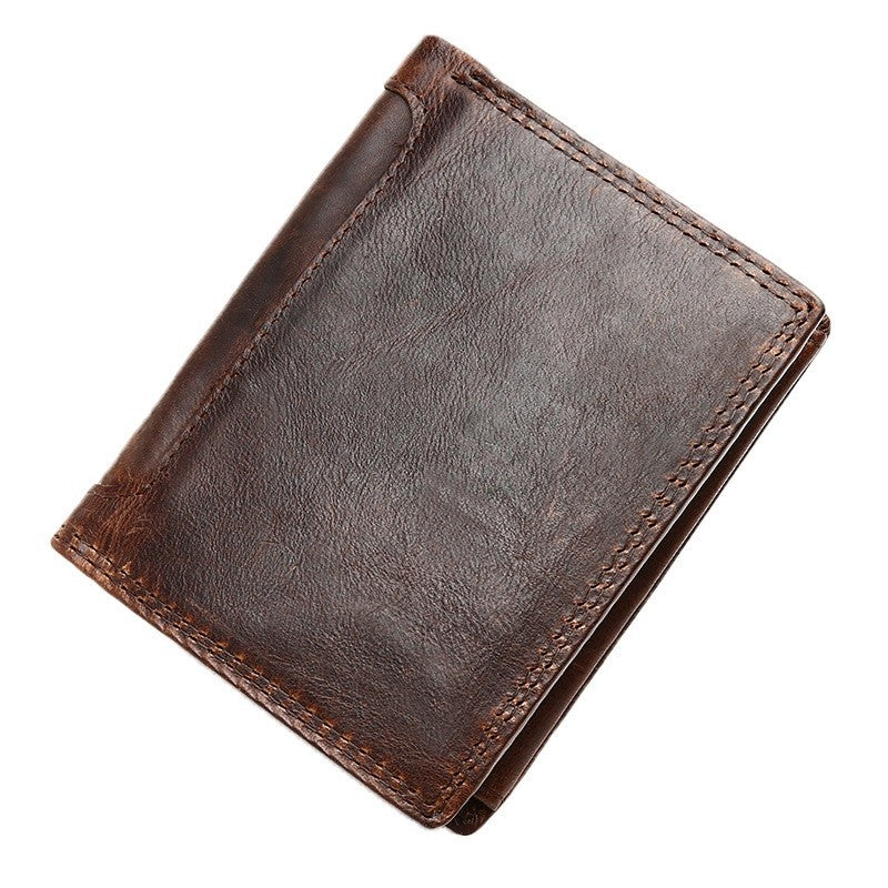Coffee Leather Men Trifold Wallet Leather Vertical Trifold Wallet with Coin Pocket For Men