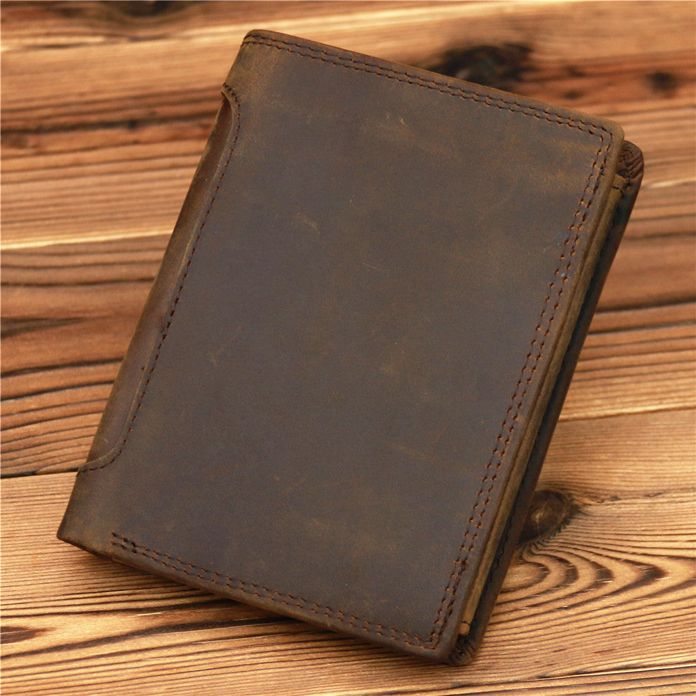 Coffee Leather Men Trifold Wallet Leather Vertical Trifold Wallet with Coin Pocket For Men