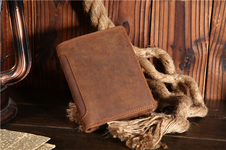 Coffee Leather Men Trifold Wallet Leather Vertical Trifold Wallet with Coin Pocket For Men