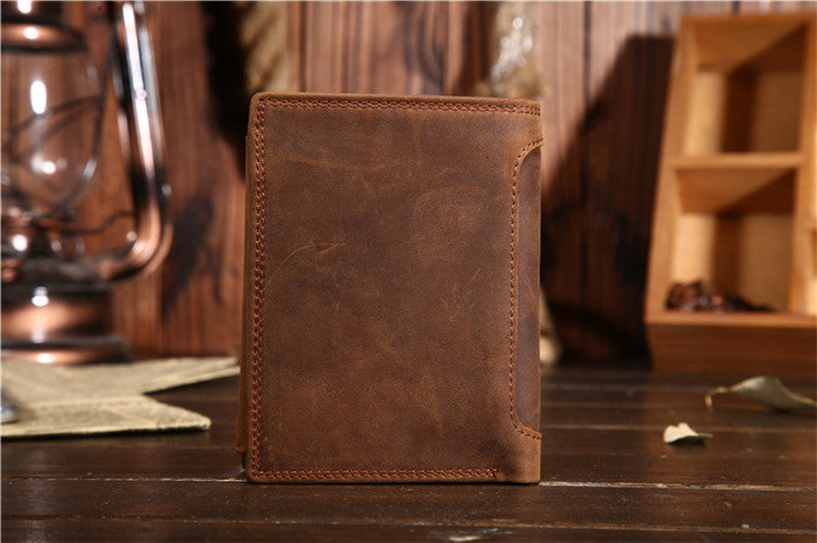Coffee Leather Men Trifold Wallet Leather Vertical Trifold Wallet with Coin Pocket For Men