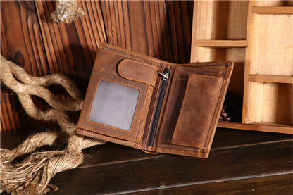 Coffee Leather Men Trifold Wallet Leather Vertical Trifold Wallet with Coin Pocket For Men