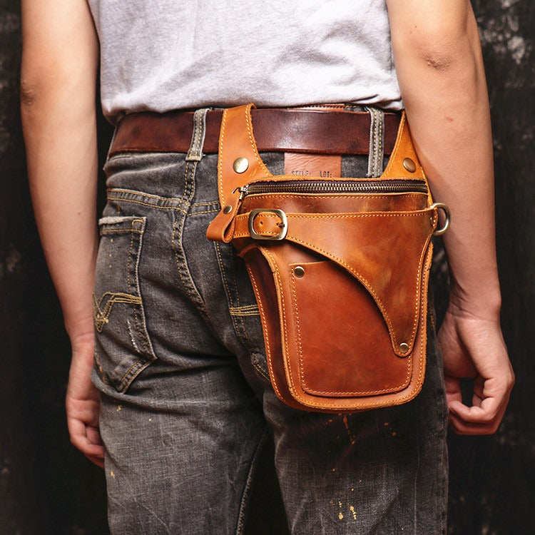 Brown Leather Men's Belt Bag Western Waist Bag Cool Motorcycle Bag Belt Pouch For Men