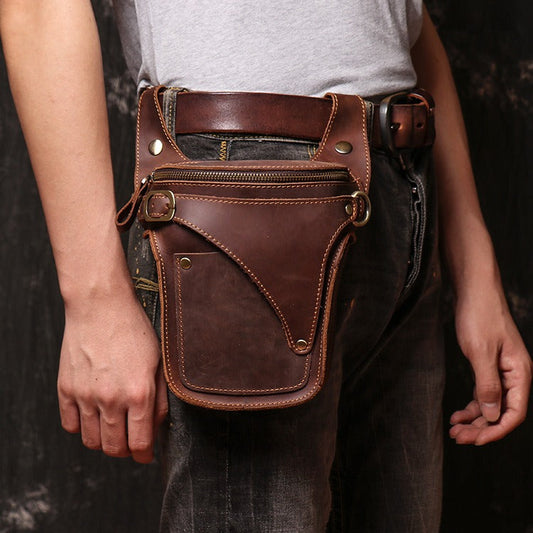 Brown Leather Men's Belt Bag Western Waist Bag Cool Motorcycle Bag Belt Pouch For Men