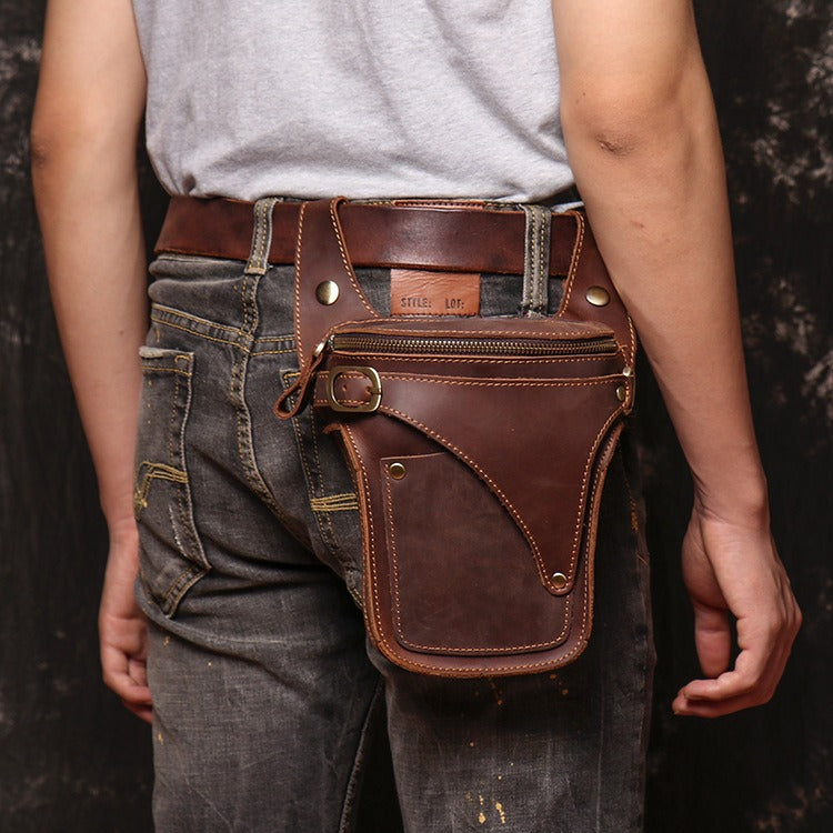 Brown Leather Men's Belt Bag Western Waist Bag Cool Motorcycle Bag Belt Pouch For Men