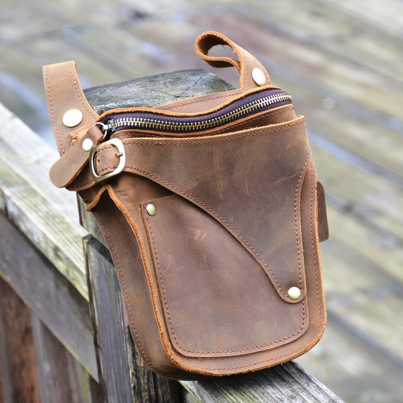 Brown Leather Men's Belt Bag Western Waist Bag Cool Motorcycle Bag Belt Pouch For Men