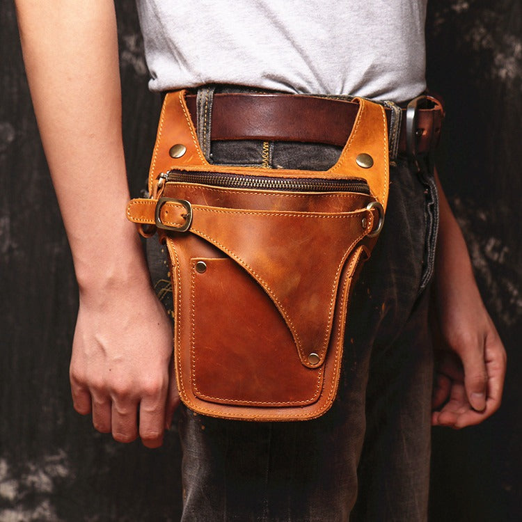 Brown Leather Men's Belt Bag Western Waist Bag Cool Motorcycle Bag Belt Pouch For Men