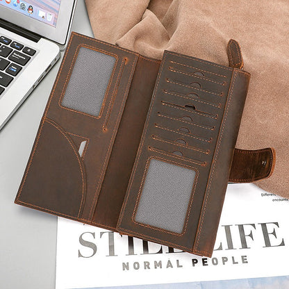 Brown Leather Men's Long Wallet Trifold Brown Multi Cards Wallet Long Wallet For Men