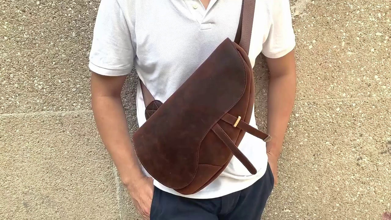 Brown Leather Men's Sling Bag Chest Bag Cool 10-inches One shoulder Backpack For Men