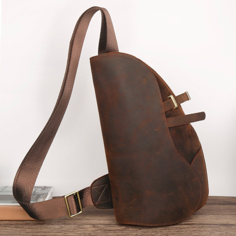 Brown Leather Men's Sling Bag Chest Bag Cool 10-inches One shoulder Backpack For Men