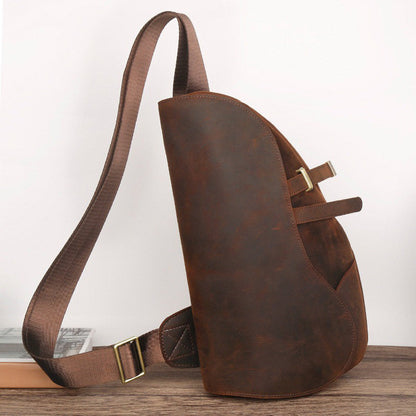 Brown Leather Men's Sling Bag Chest Bag Cool 10-inches One shoulder Backpack For Men