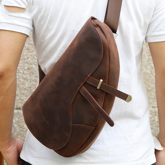 Brown Leather Men's Sling Bag Chest Bag Cool 10-inches One shoulder Backpack For Men