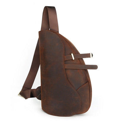 Brown Leather Men's Sling Bag Chest Bag Cool 10-inches One shoulder Backpack For Men