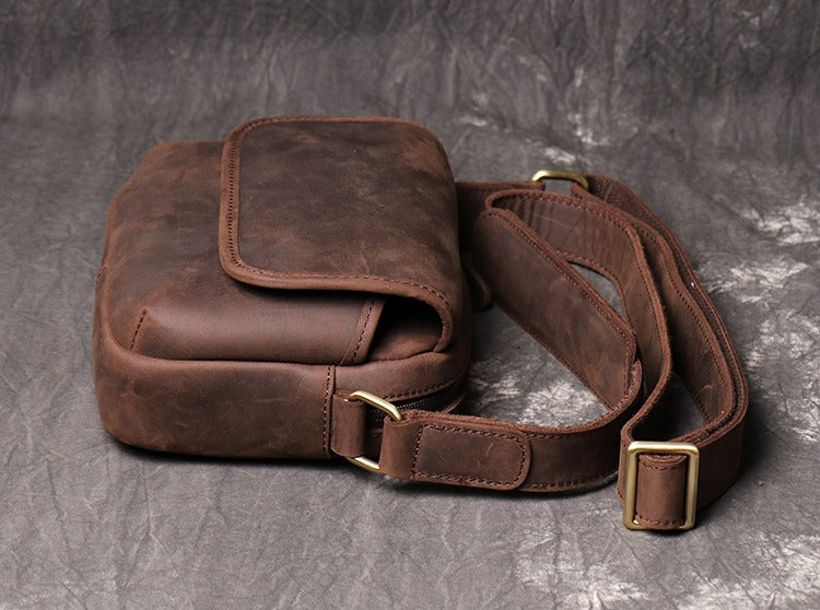 Coffee Leather Men's Small Messenger Bag Side Bag Mini Shoulder Bag For Men