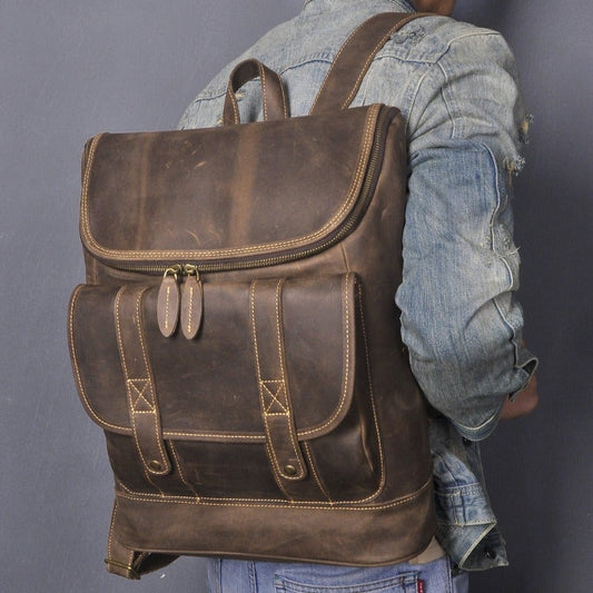 Brown Leather Men's Travel Backpack School Backpack College Backpack For Men