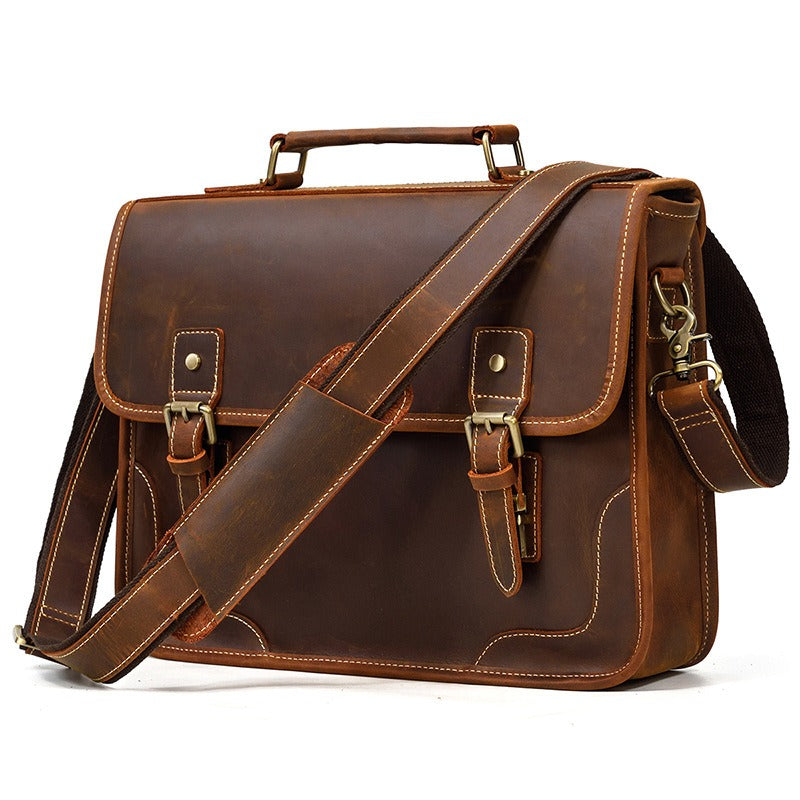 Brown Leather Mens 14'' Laptop Briefcase Work Bag Handbag Briefcase Side Bags Business Bags For Men