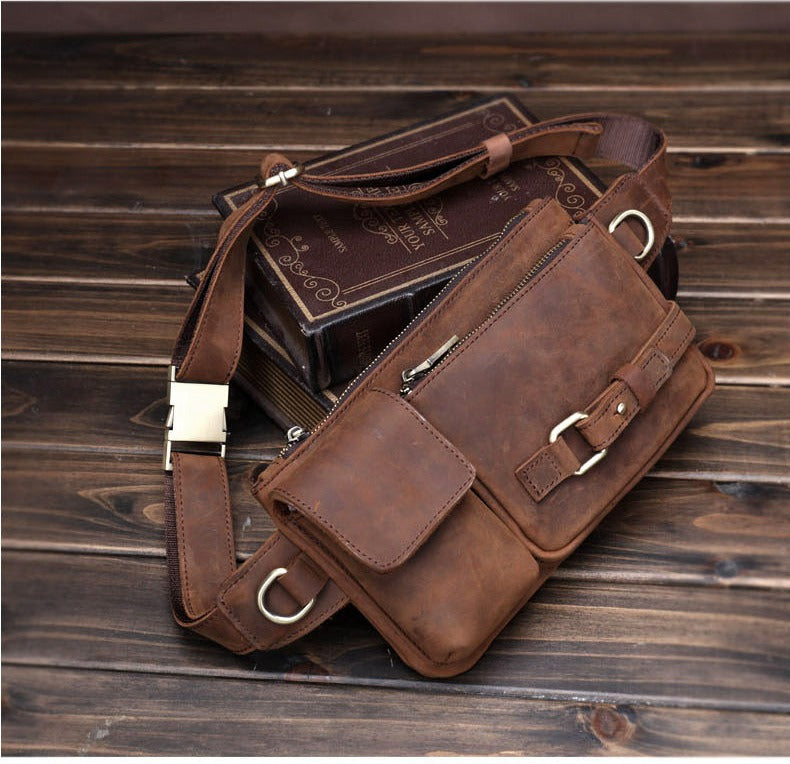 Brown Leather Mens Fanny Packs Hip Packs Sling Bags Sling Pack Waist Bags for Men