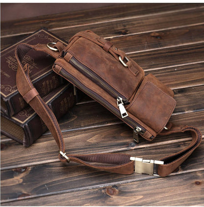 Brown Leather Mens Fanny Packs Hip Packs Sling Bags Sling Pack Waist Bags for Men