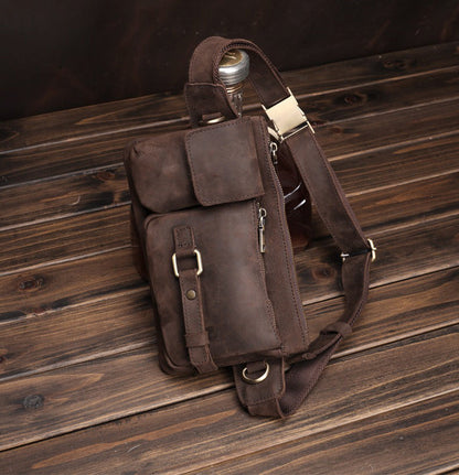 Brown Leather Mens Fanny Packs Hip Packs Sling Bags Sling Pack Waist Bags for Men