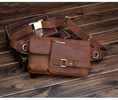 Coffee Leather Mens Fanny Packs Hip Packs Sling Bags Sling Pack Waist Bags for Men