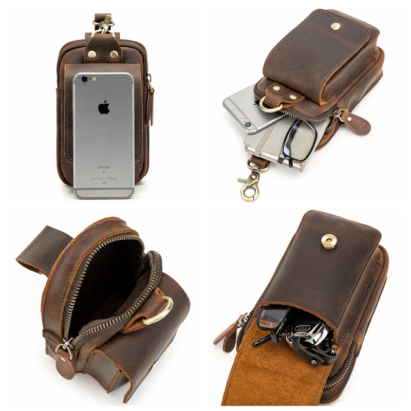 Brown Leather Mens Phone Holster Belt Pouch Waist Cigarette Pack Pouch Belt Bags For Men