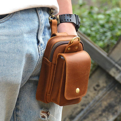 Leather Mens Phone Holster Belt Pouch Red Brown Waist Cigarette Pack Pouch Belt Bags For Men