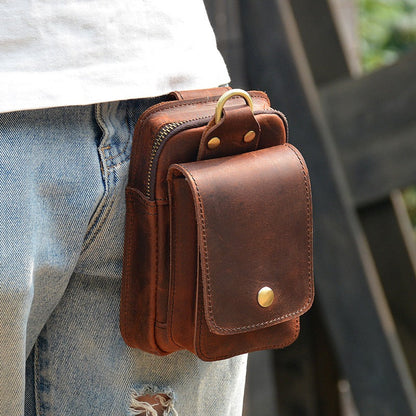 Brown Leather Mens Phone Holster Belt Pouch Waist Cigarette Pack Pouch Belt Bags For Men