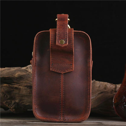 Leather Mens Phone Holster Belt Pouch Red Brown Waist Cigarette Pack Pouch Belt Bags For Men