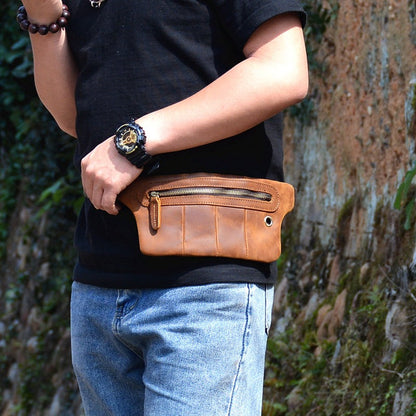 Brown Leather Mens Slim Fanny Pack Hip Packs Sling Bag Sling Pack Waist Bags for Men