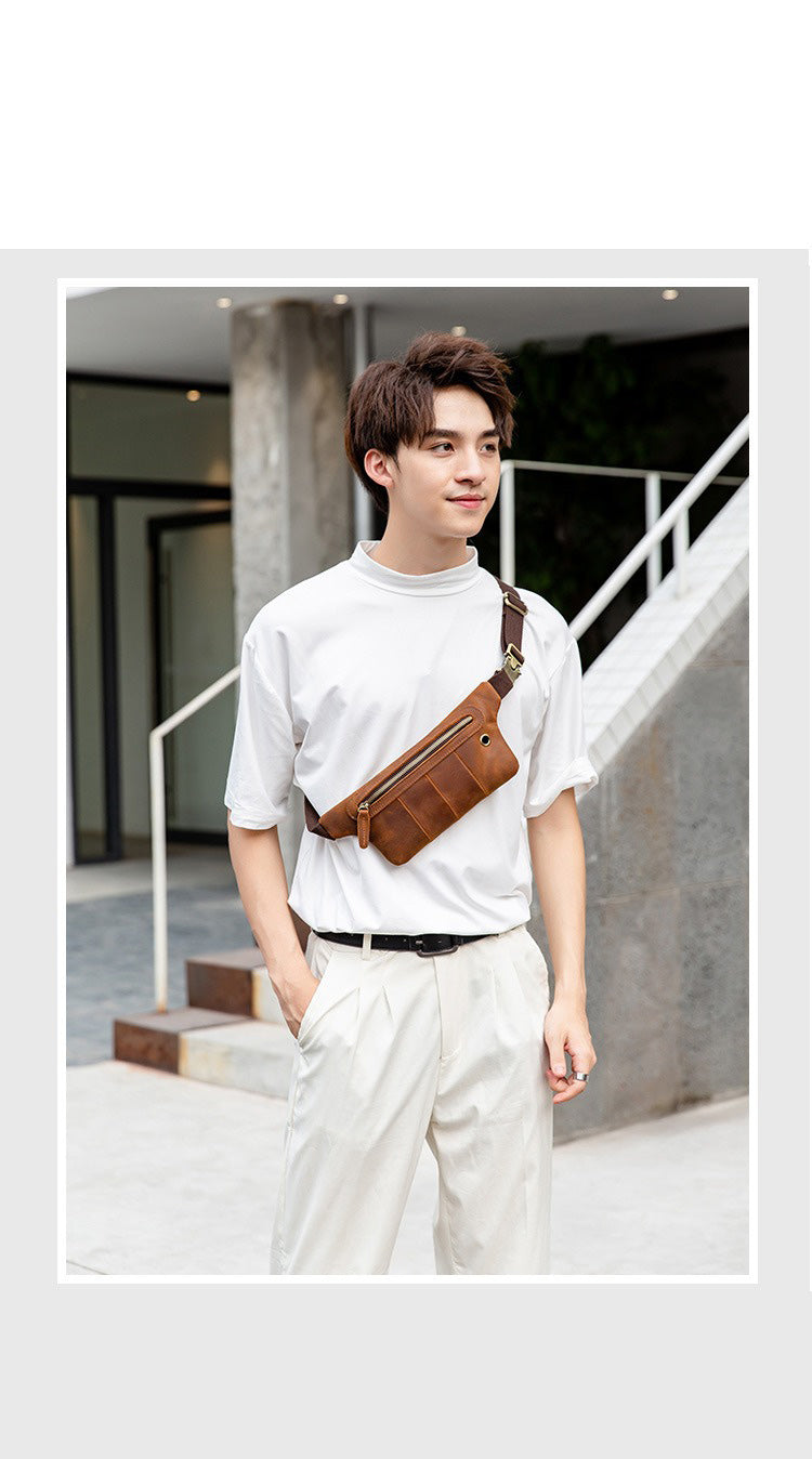 Brown Leather Mens Slim Fanny Pack Hip Packs Sling Bag Sling Pack Waist Bags for Men