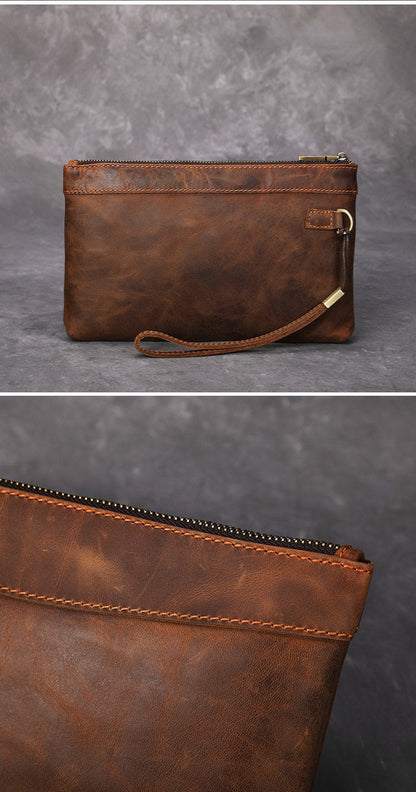 Brown Leather Mens Wristlet Wallet Vintage Clutch Wallet Zipper Wallet Clutch for Men