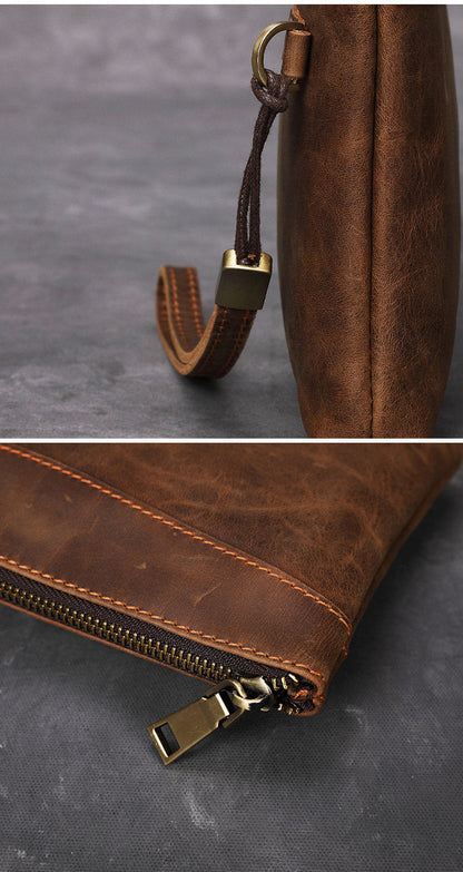 Brown Leather Mens Wristlet Wallet Vintage Clutch Wallet Zipper Wallet Clutch for Men