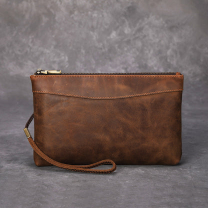 Brown Leather Mens Wristlet Wallet Vintage Clutch Wallet Zipper Wallet Clutch for Men