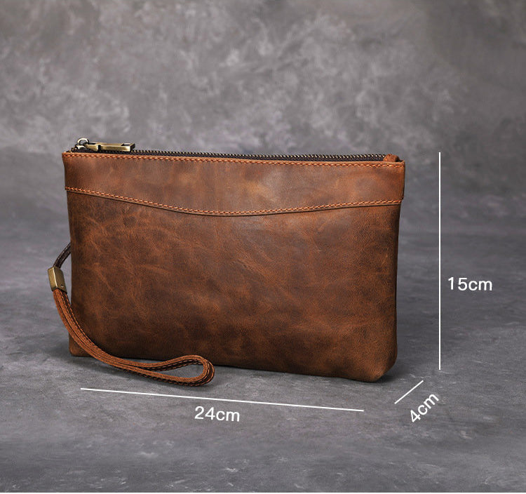 Brown Leather Mens Wristlet Wallet Vintage Clutch Wallet Zipper Wallet Clutch for Men