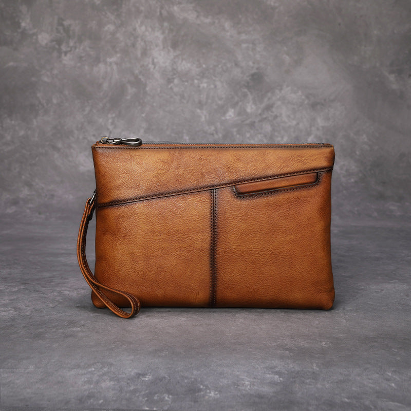 Brown Leather Mens Wristlet Wallet Vintage Clutch Bag Zipper Clutch Purse for Men