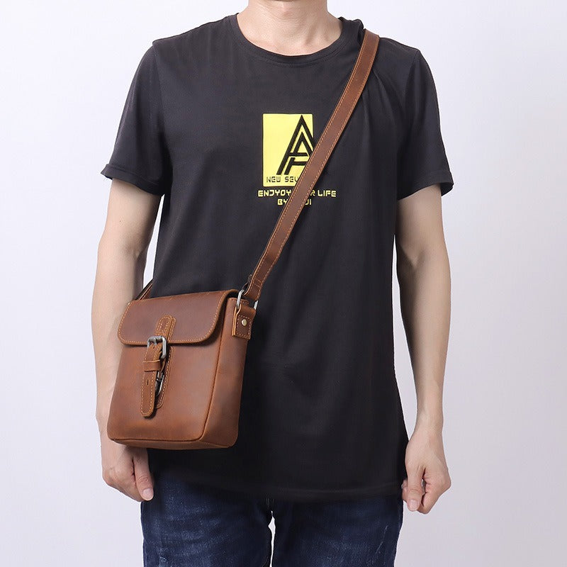 Brown Leather Small Side Bag Mens Square iPad Courier Bag Casual Messenger Bag For Men