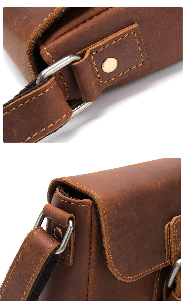 Brown Leather Small Side Bag Mens Square iPad Courier Bag Casual Messenger Bag For Men