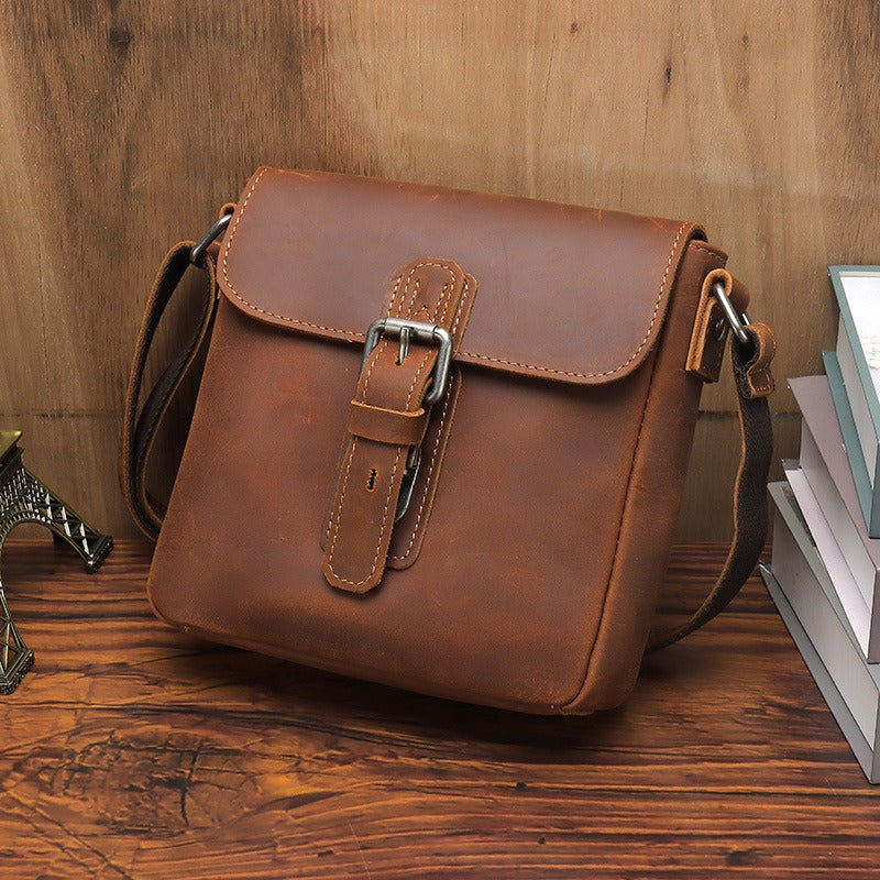 Brown Leather Small Side Bag Mens Square iPad Courier Bag Casual Messenger Bag For Men