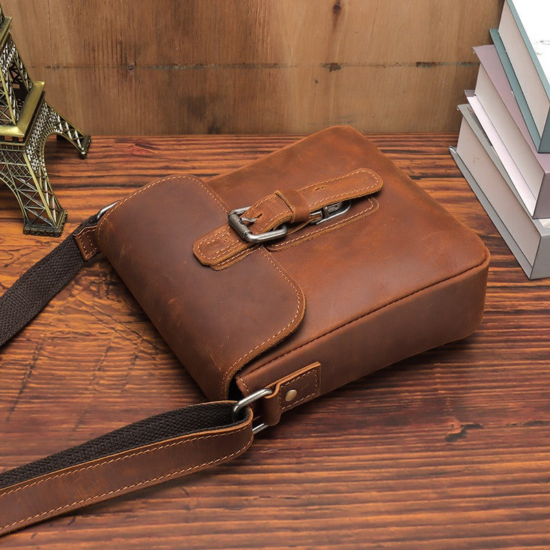 Brown Leather Small Side Bag Mens Square iPad Courier Bag Casual Messenger Bag For Men