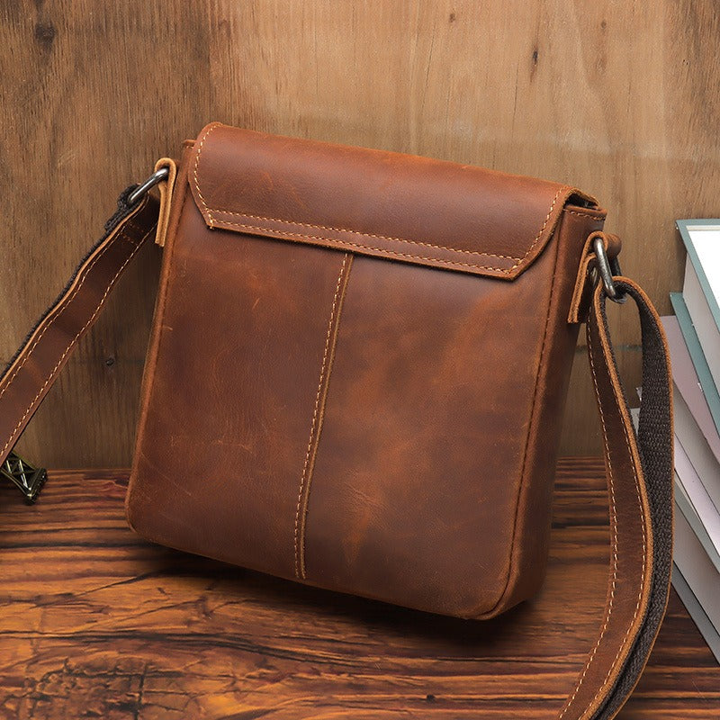 Brown Leather Small Side Bag Mens Square iPad Courier Bag Casual Messenger Bag For Men