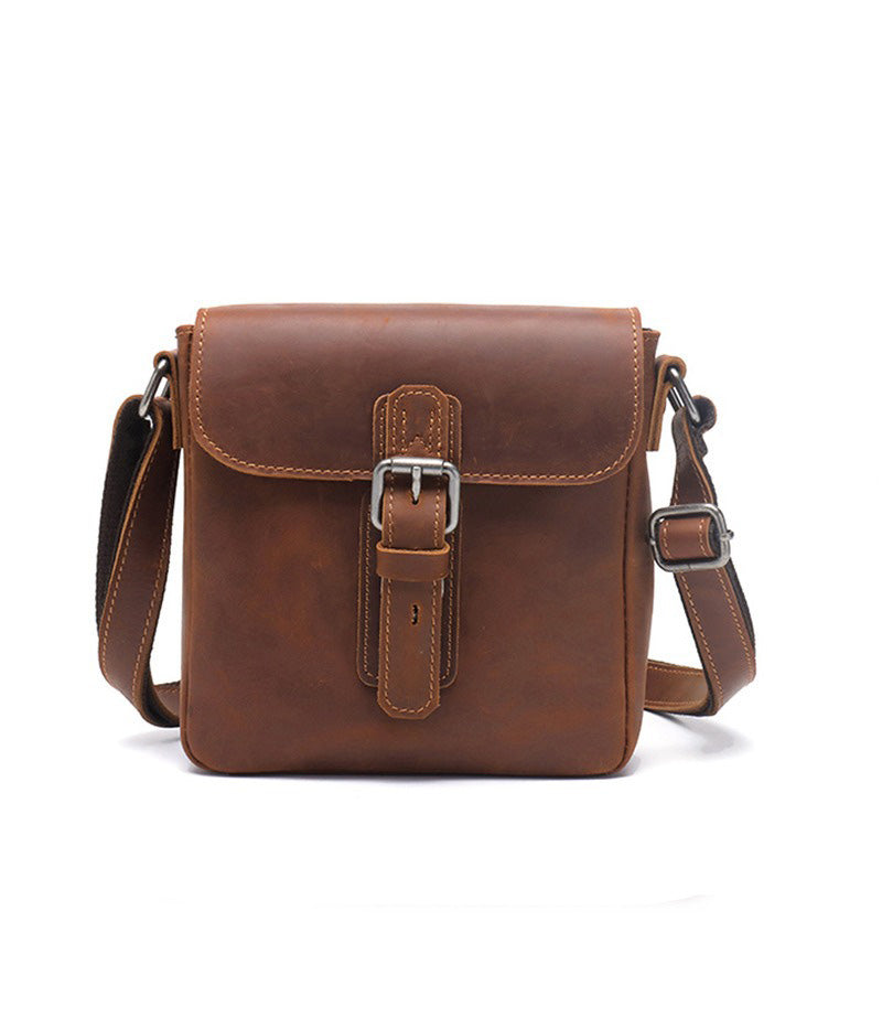 Brown Leather Small Side Bag Mens Square iPad Courier Bag Casual Messenger Bag For Men