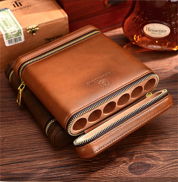 Brown Leather&Cedar Mens 6pcs Cigar Case Leather Cigar Cases for Men