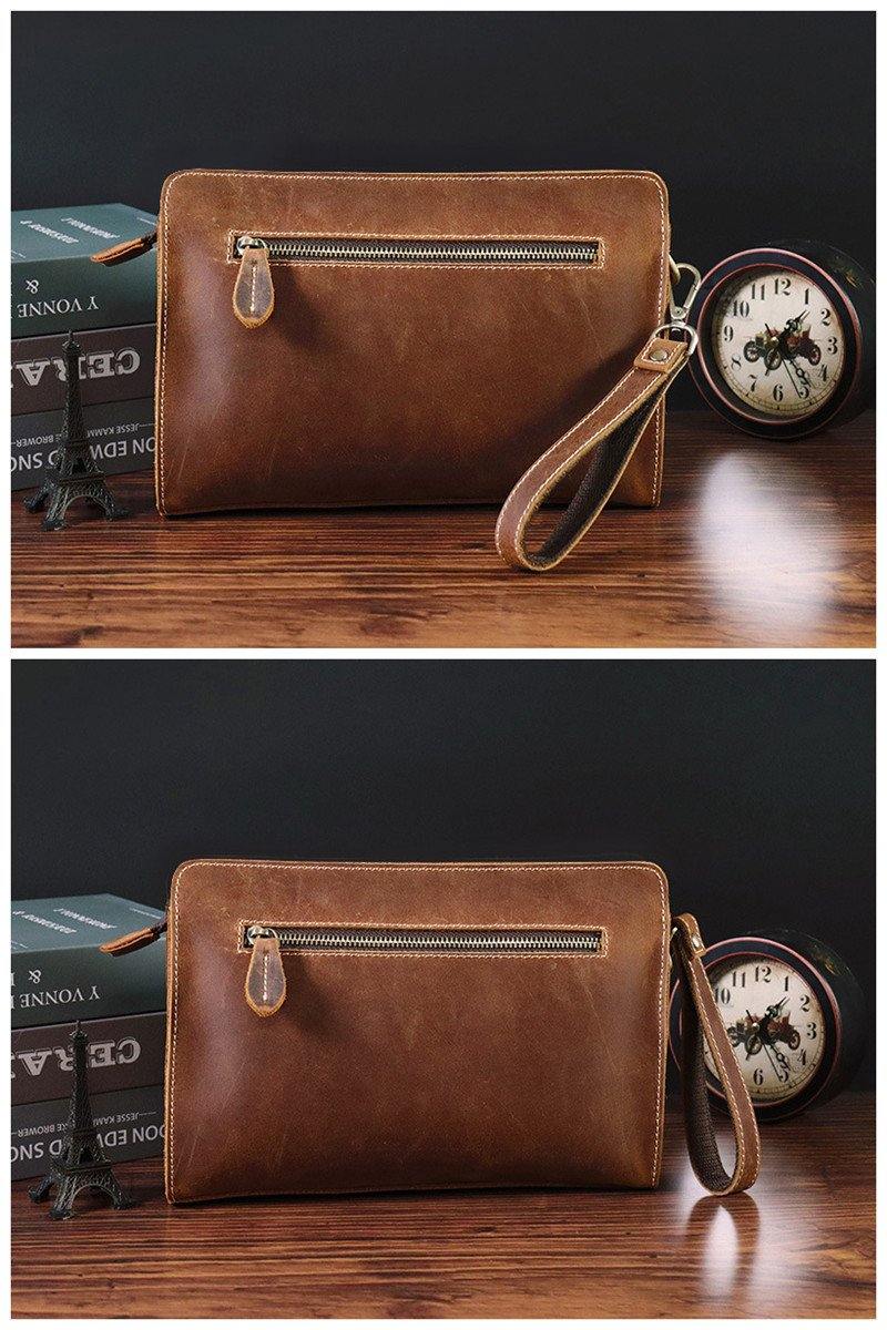 Vintage Brown Mens Clutch Wallet Leather Zipper Clutch Wristlet Purse Bag Clutch Bags For Men