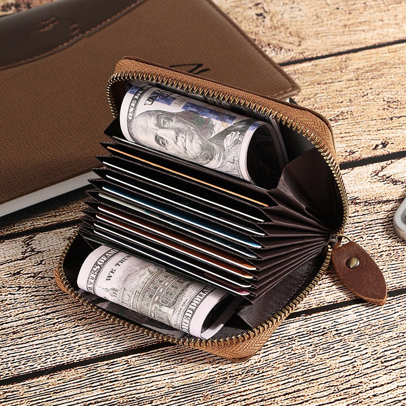 Coffee Mens Zip Card Holder RFID Wallet Zip Minimalist Card Wallet For Men