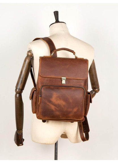 Brown Casual Leather Mens 13 inches School Backpack Travel Backpack Computer Backpack for Men