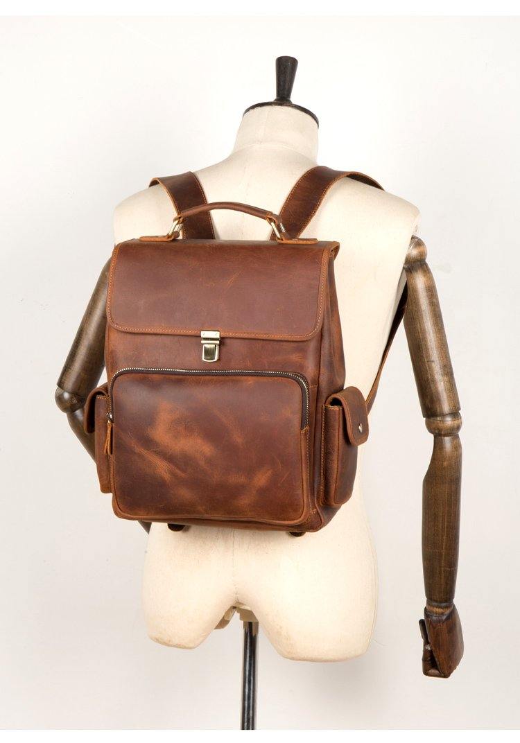 Brown Casual Leather Mens 13 inches School Backpack Travel Backpack Computer Backpack for Men